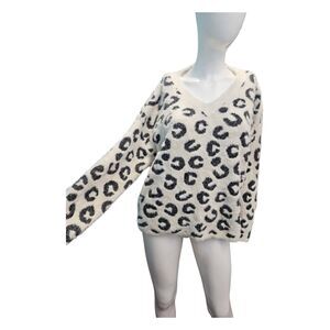 Zac & Rachel Fuzzy Leopard Print White Black Sweater Womens 1X